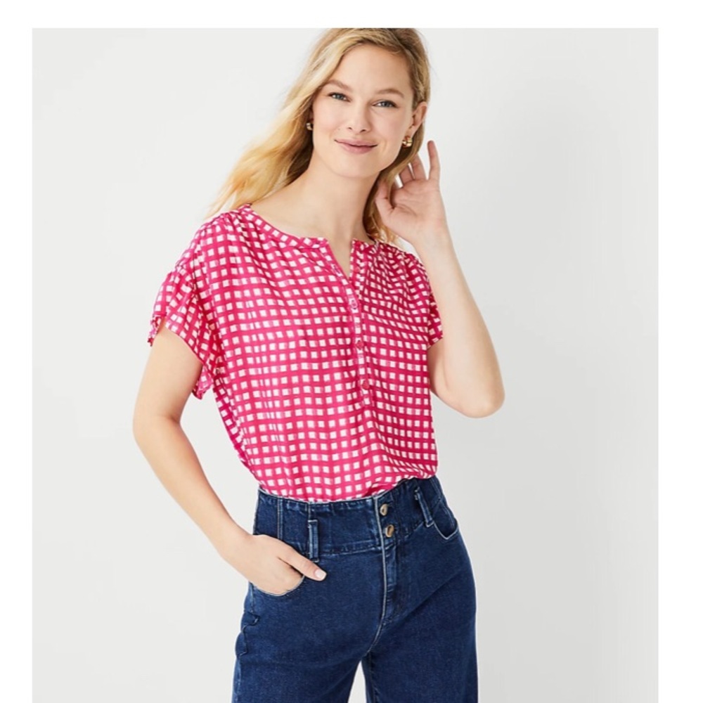 Ann Taylor Gingham Pink Button Up Blouse
